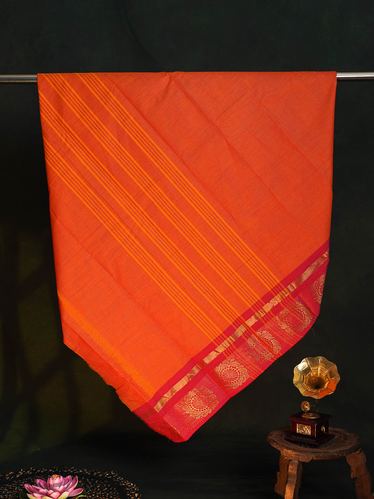 Chettinad Pure Cotton Saree - Orange Colour Body Plain With Pink Border