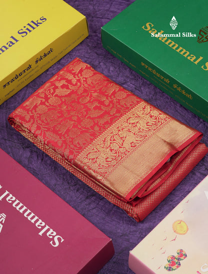 Beautiful Redish Maroon Vanasingaram Bridal Pure Kanjiivaram Silk Saree With Traditional Border