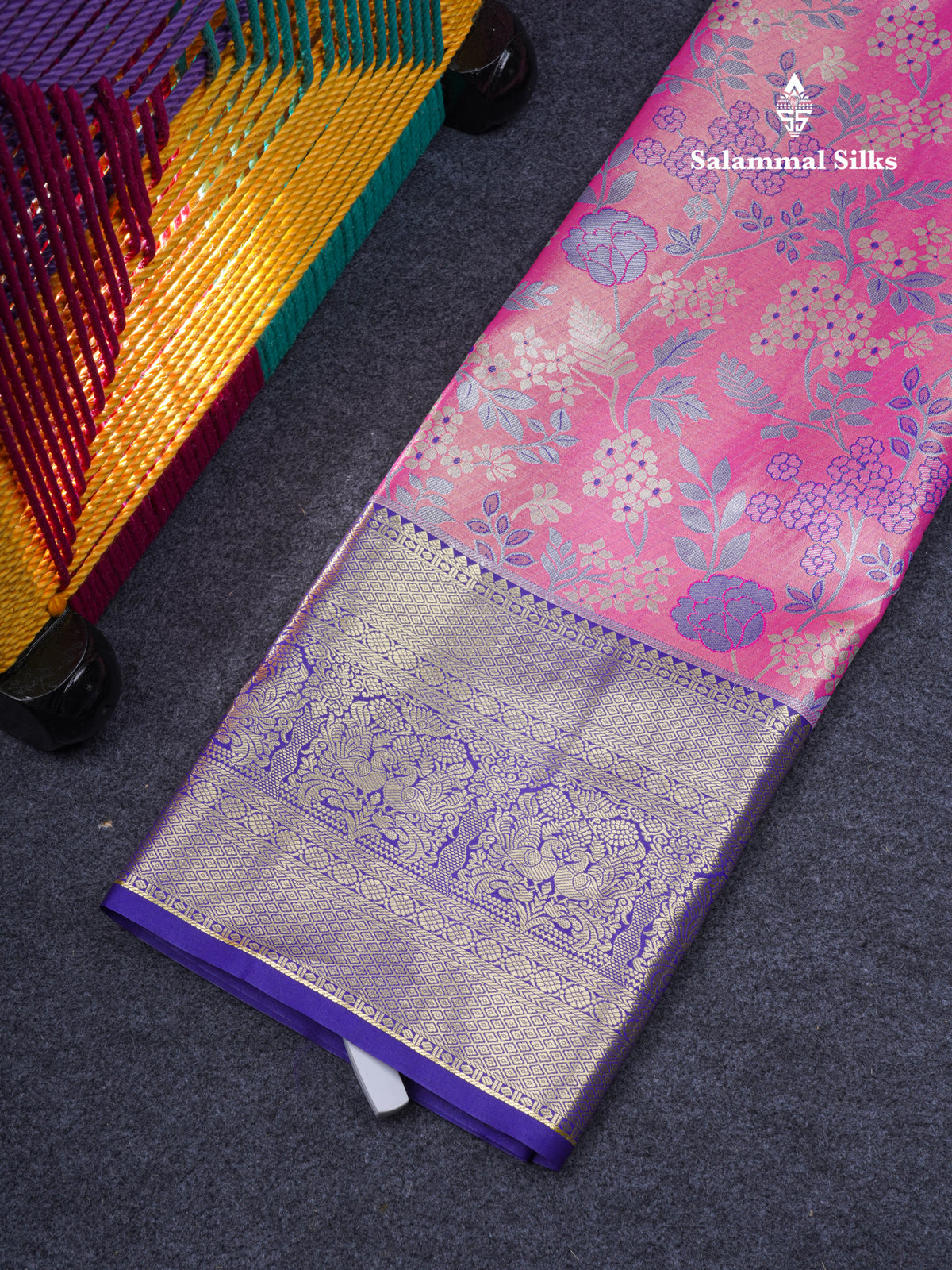 Semi Silk Pattu Pavadai Tissue ( Light Pink ) With Contrast Navy Blue Blouse 46.5"