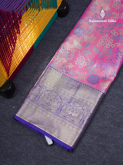 Semi Silk Pattu Pavadai Tissue ( Light Pink ) With Contrast Navy Blue Blouse 46.5"
