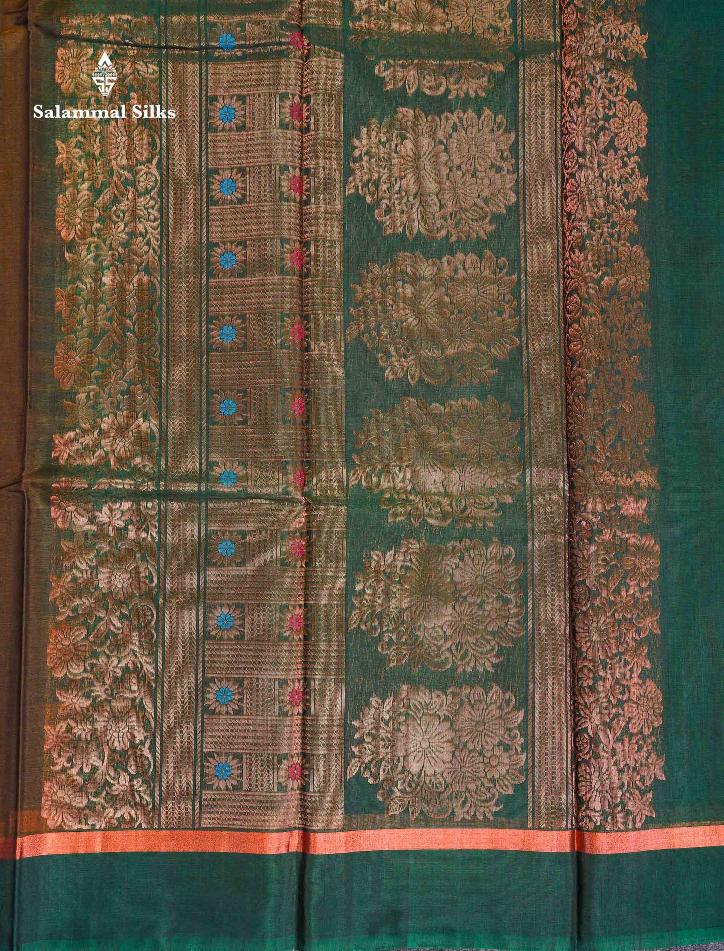 Beautiful Mehandi Green Silver & Copper Zari Butta SICO Cotton Saree With Contrast Bottle Green Border