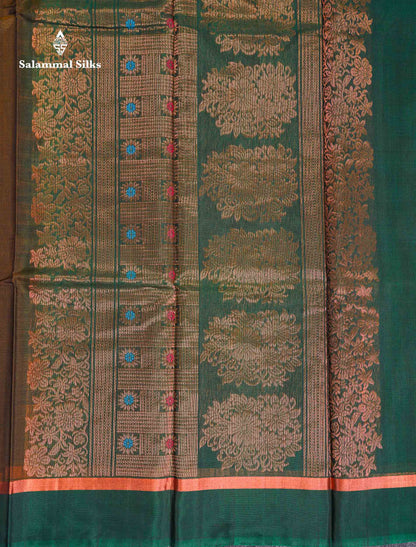 Beautiful Mehandi Green Silver & Copper Zari Butta SICO Cotton Saree With Contrast Bottle Green Border