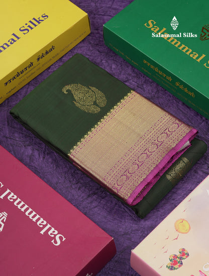 Beautiful Bottle Green Pure Kanjivaram Silk Saree with Contrast Pink Traditional Evening Morning Border