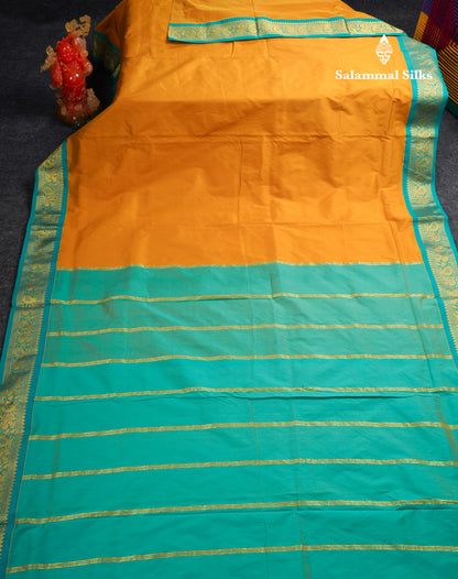 11 Yards Plain Semi Silk Saree Pink with Contrast Peacock Green Traditional Border