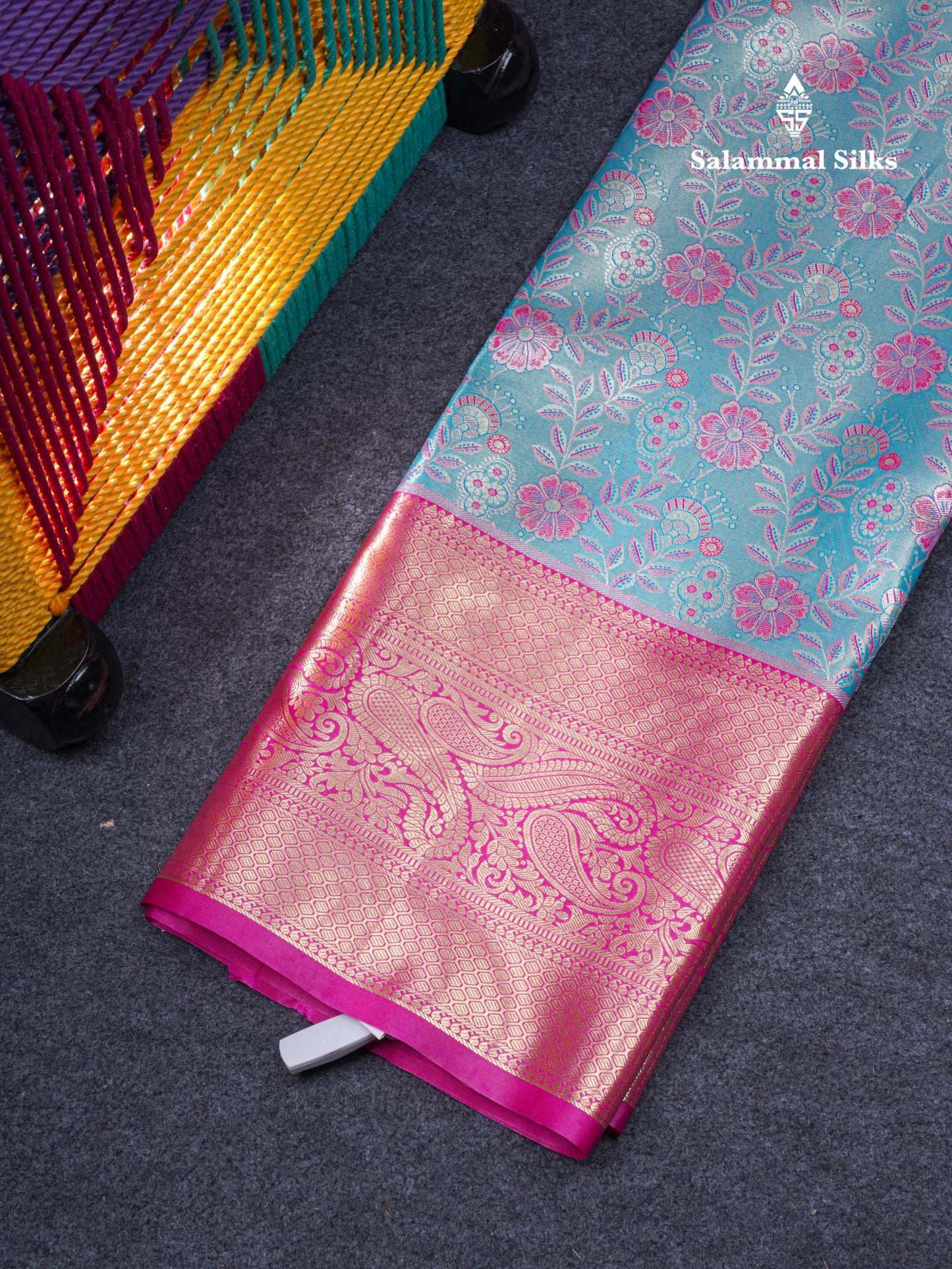 Semi Silk Pattu Pavadai Tissue ( Pastel Blue ) With Contrast Pink Blouse 47"
