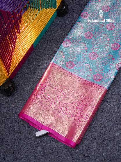 Semi Silk Pattu Pavadai Tissue ( Pastel Blue ) With Contrast Pink Blouse 47"