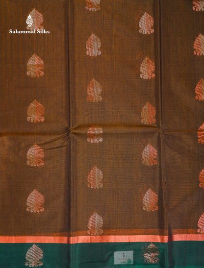 Beautiful Mehandi Green Silver & Copper Zari Butta SICO Cotton Saree With Contrast Bottle Green Border