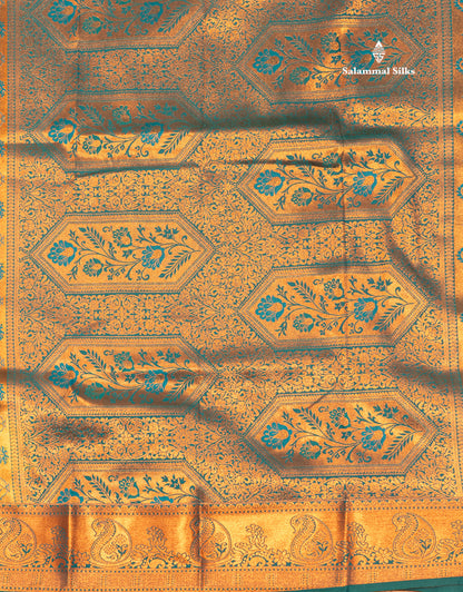 Bottle Green Colour Semi Silk Saree With Navy Blue Copper Zari Border