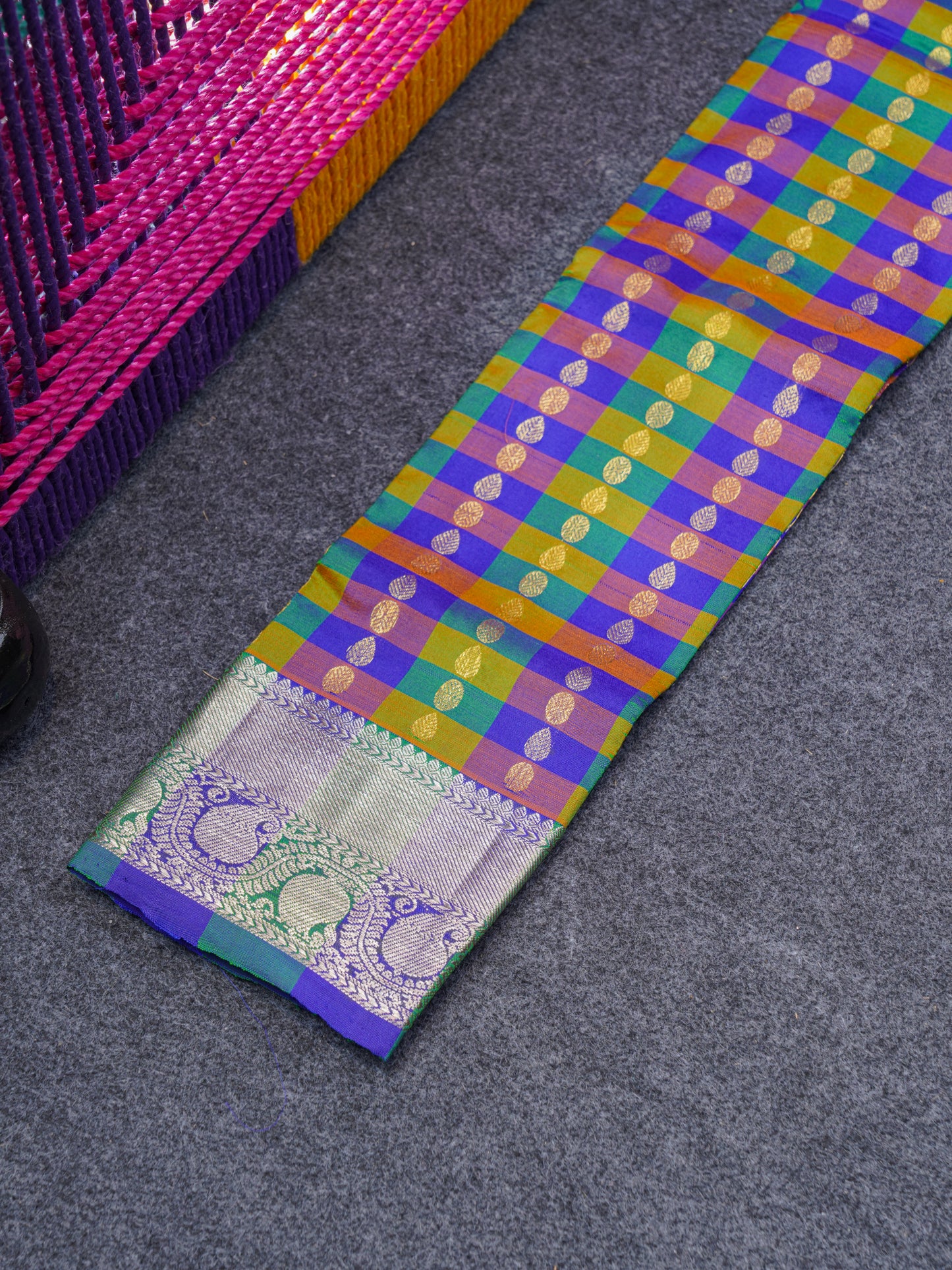 Pure Silk Pattu Pavadai (Multi Colour Checks) With  Blue Blouse 18"