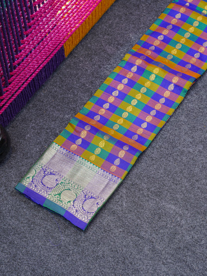 Pure Silk Pattu Pavadai (Multi Colour Checks) With  Blue Blouse 18"