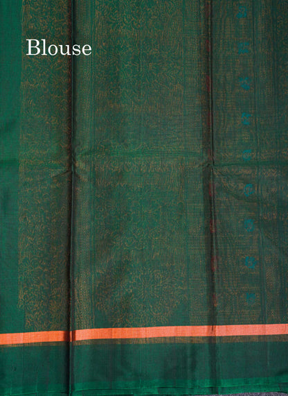 Beautiful Mehandi Green Silver & Copper Zari Butta SICO Cotton Saree With Contrast Bottle Green Border