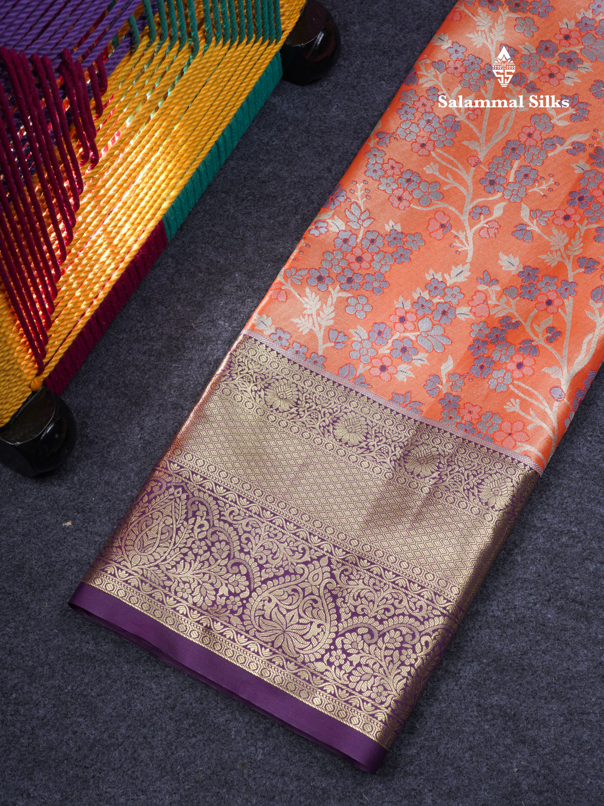 Semi Silk Pattu Pavadai Tissue ( Orange ) With Contrast Dark Purple Blouse 46.5"