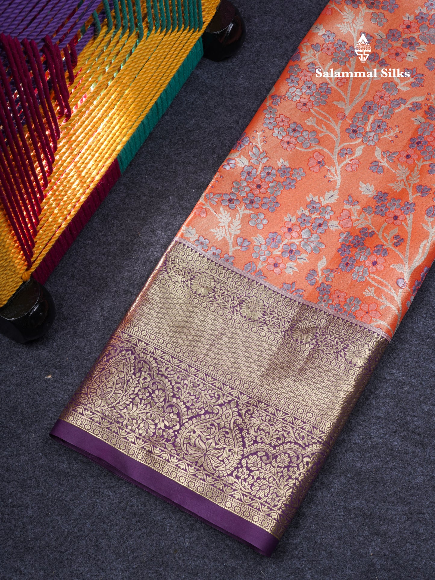 Semi Silk Pattu Pavadai Tissue ( Orange ) With Contrast Dark Purple Blouse 46.5"