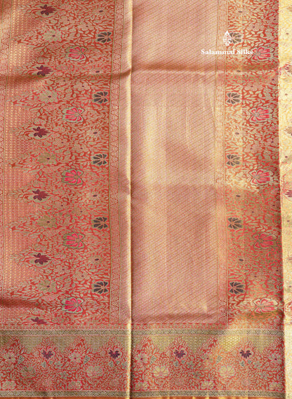 Navy Blue Tissue Meenakari Work Bridal Pure Kanjivaram Silk Saree With Contrst Pinkish Orange Border