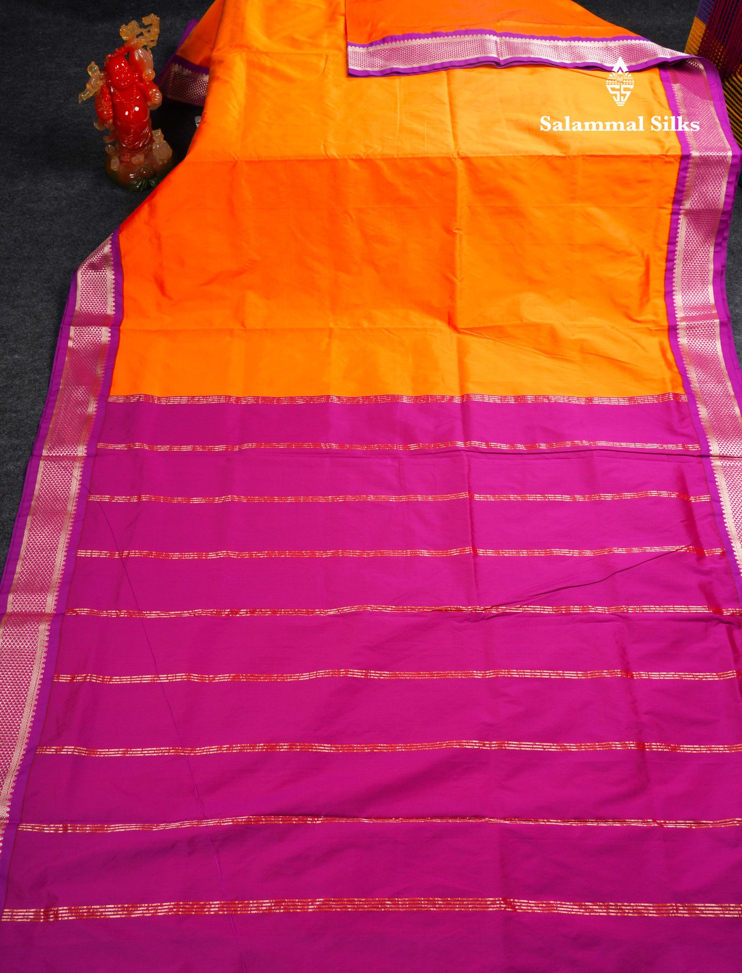 11 Yards Plain Semi Silk Saree Mango Yellow with Contrast Purple Border