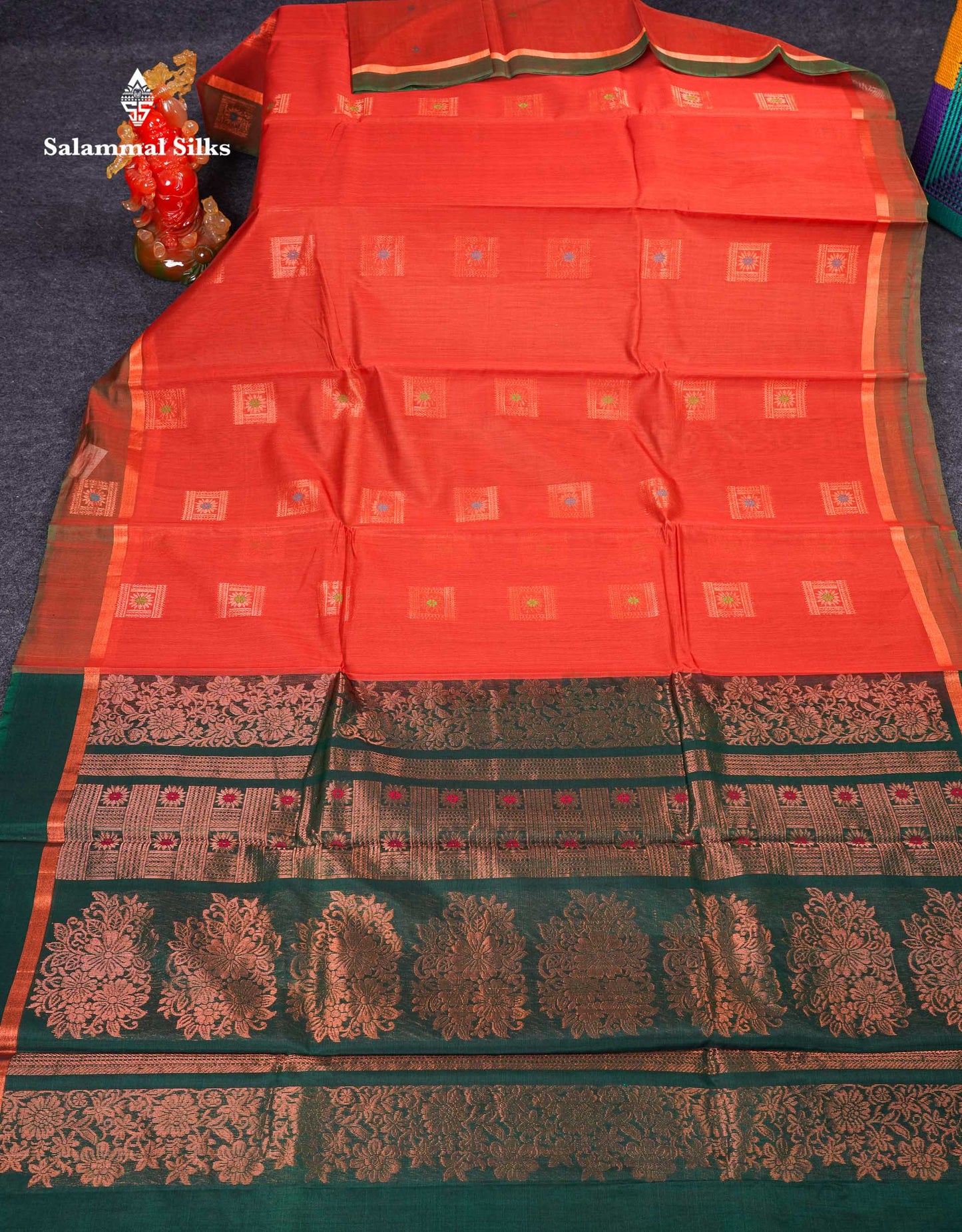 Beautiful Dual Tone Peach Orange Menakari Work SICO Cotton Saree With Contrast Bottle Green Blouse