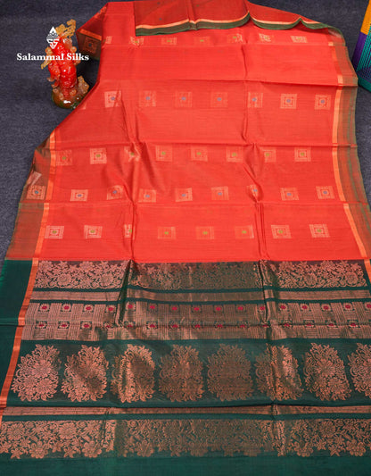 Beautiful Dual Tone Peach Orange Menakari Work SICO Cotton Saree With Contrast Bottle Green Blouse