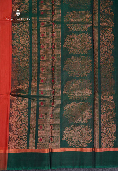 Beautiful Dual Tone Peach Orange Menakari Work SICO Cotton Saree With Contrast Bottle Green Blouse