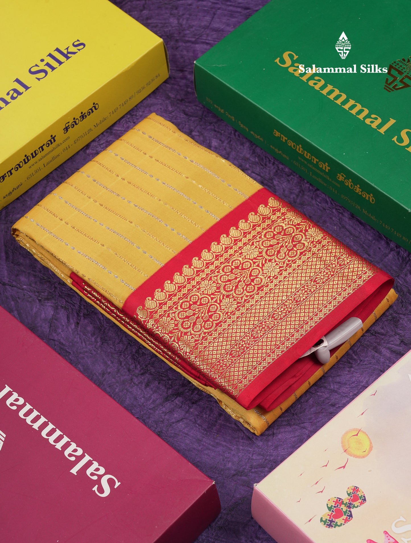 Beautiful Yellow Gold & Silver Lines Pure Kanjivaram Silk Saree With Contrast Red Traditional Border
