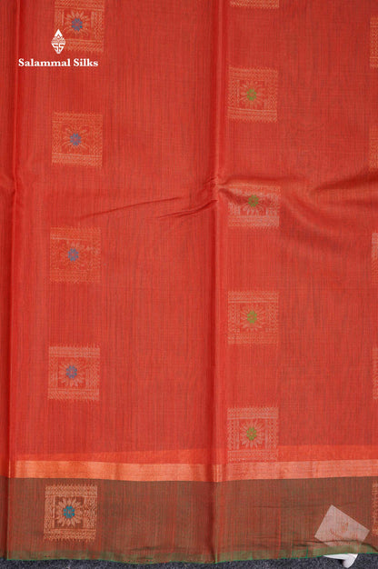 Beautiful Dual Tone Peach Orange Menakari Work SICO Cotton Saree With Contrast Bottle Green Blouse