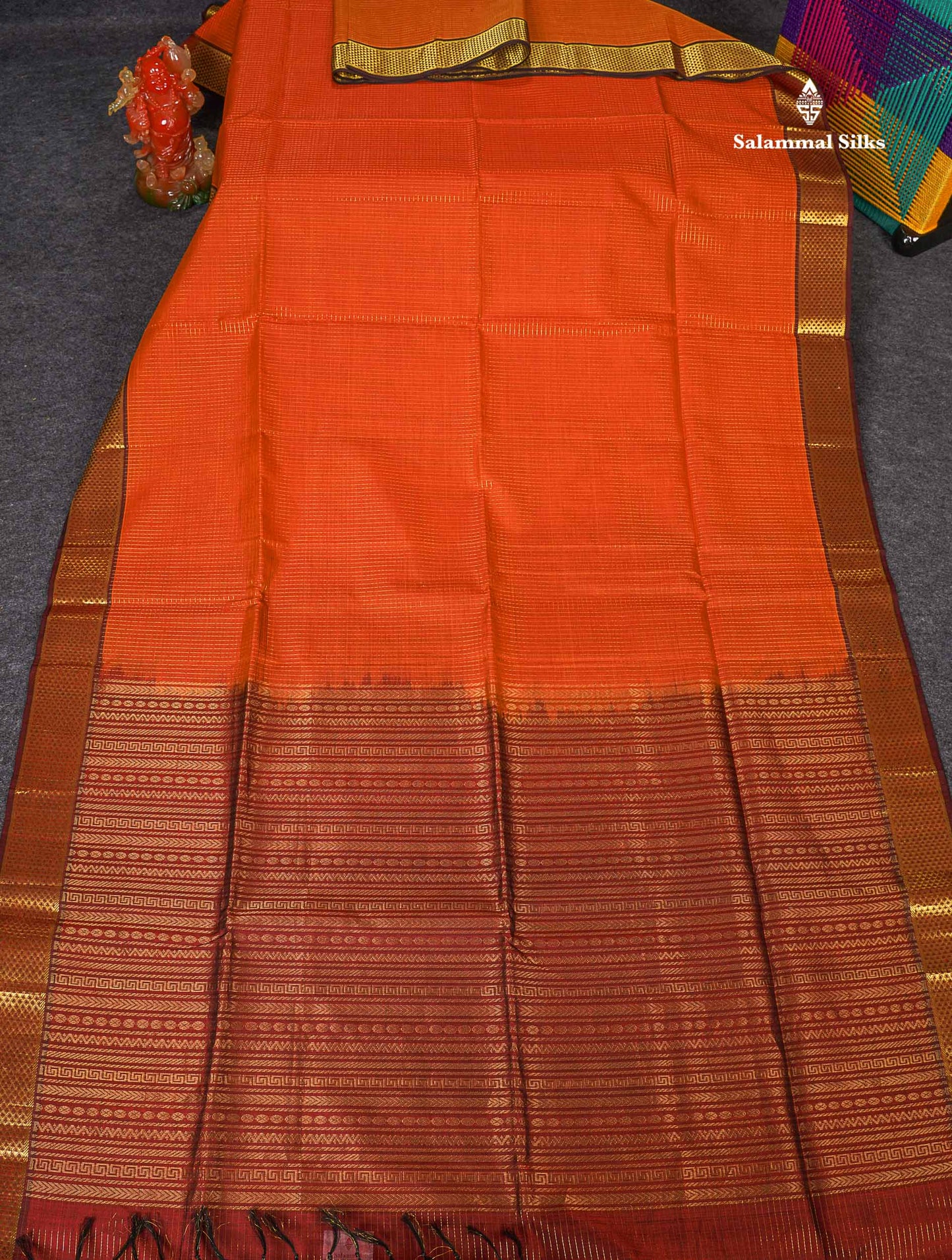 Pure Silk Cotton Saree - Rust Orange Colour Body Small Zari Checks With Dark Maroon Border