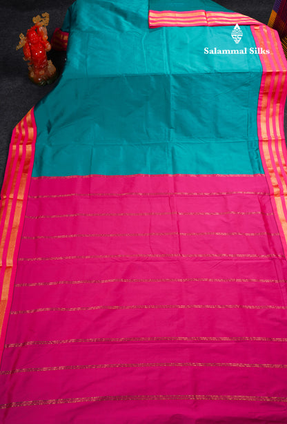 9.5 Yards Semi Silk Saree Peacock Green With Contrast Pink Traditional Border