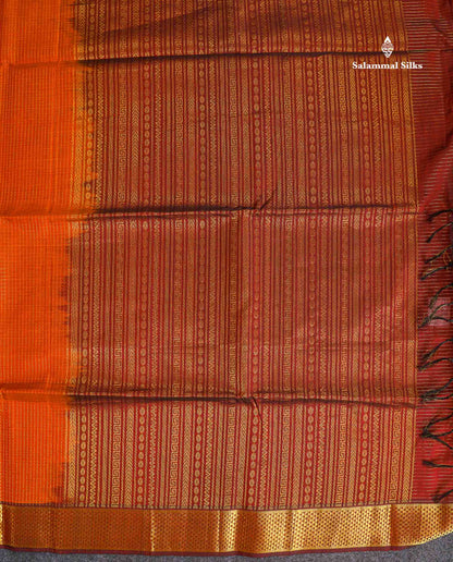Pure Silk Cotton Saree - Rust Orange Colour Body Small Zari Checks With Dark Maroon Border