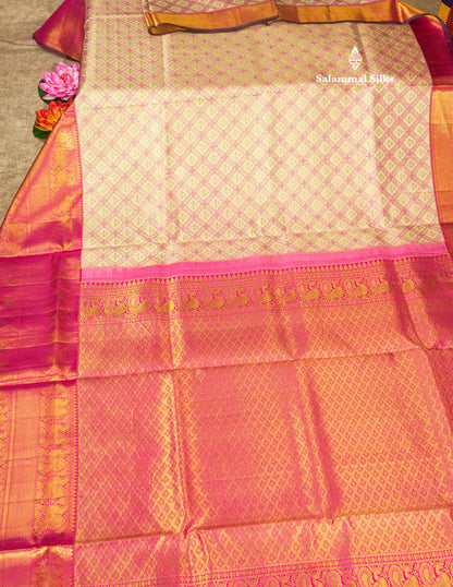 Cream Bridal Pure Kanjivaram Silk Saree With Contrst Pink Traditional Evening Morning Border