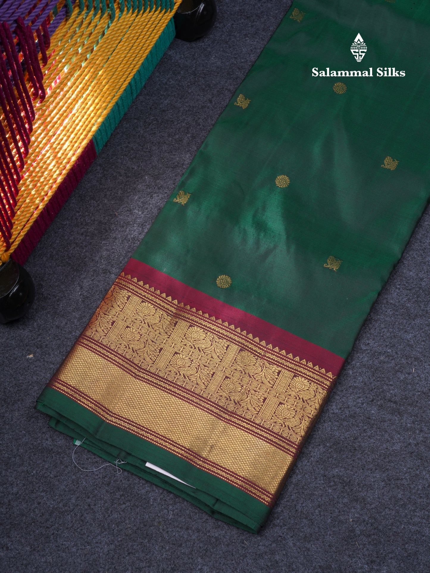 Pure Silk Pure Zari Pattu Pavadai ( Bottle Green ) With Contrast Dark Brown Traditional Border 42.5"