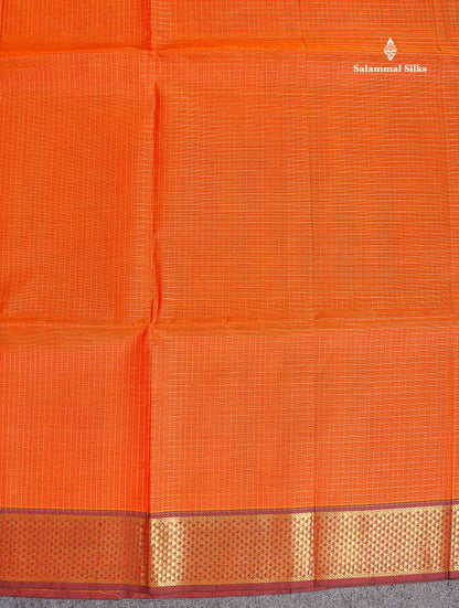 Pure Silk Cotton Saree - Rust Orange Colour Body Small Zari Checks With Dark Maroon Border