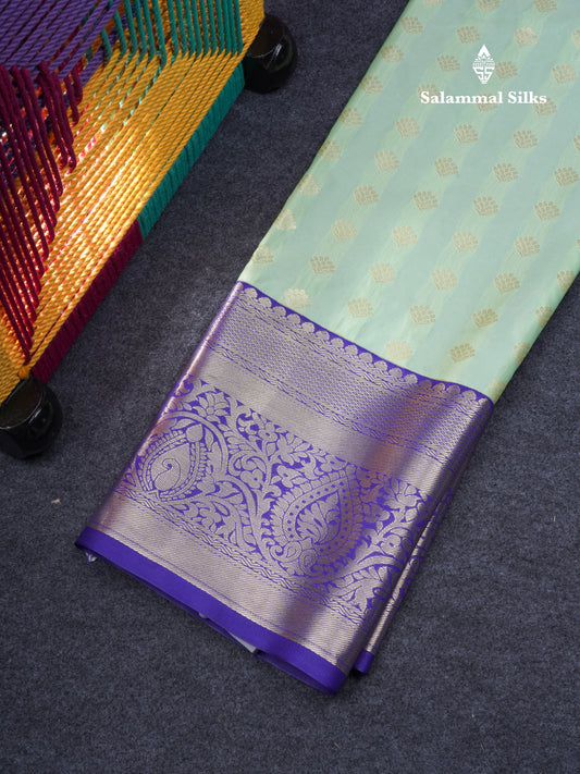 Semi Silk Pattu Pavadai ( Light Elaichi Green ) With Contrast Navy Blue Blouse 43.5"