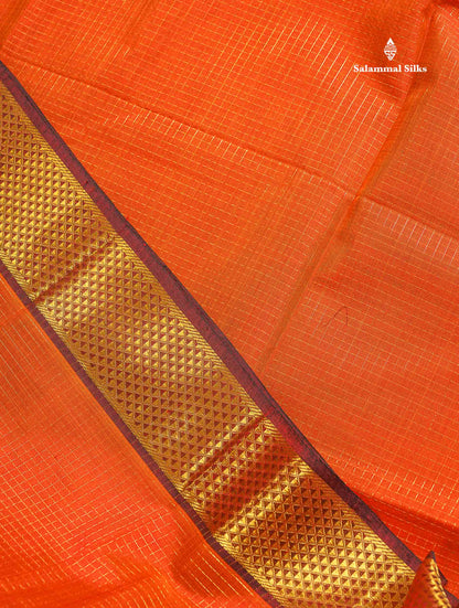 Pure Silk Cotton Saree - Rust Orange Colour Body Small Zari Checks With Dark Maroon Border
