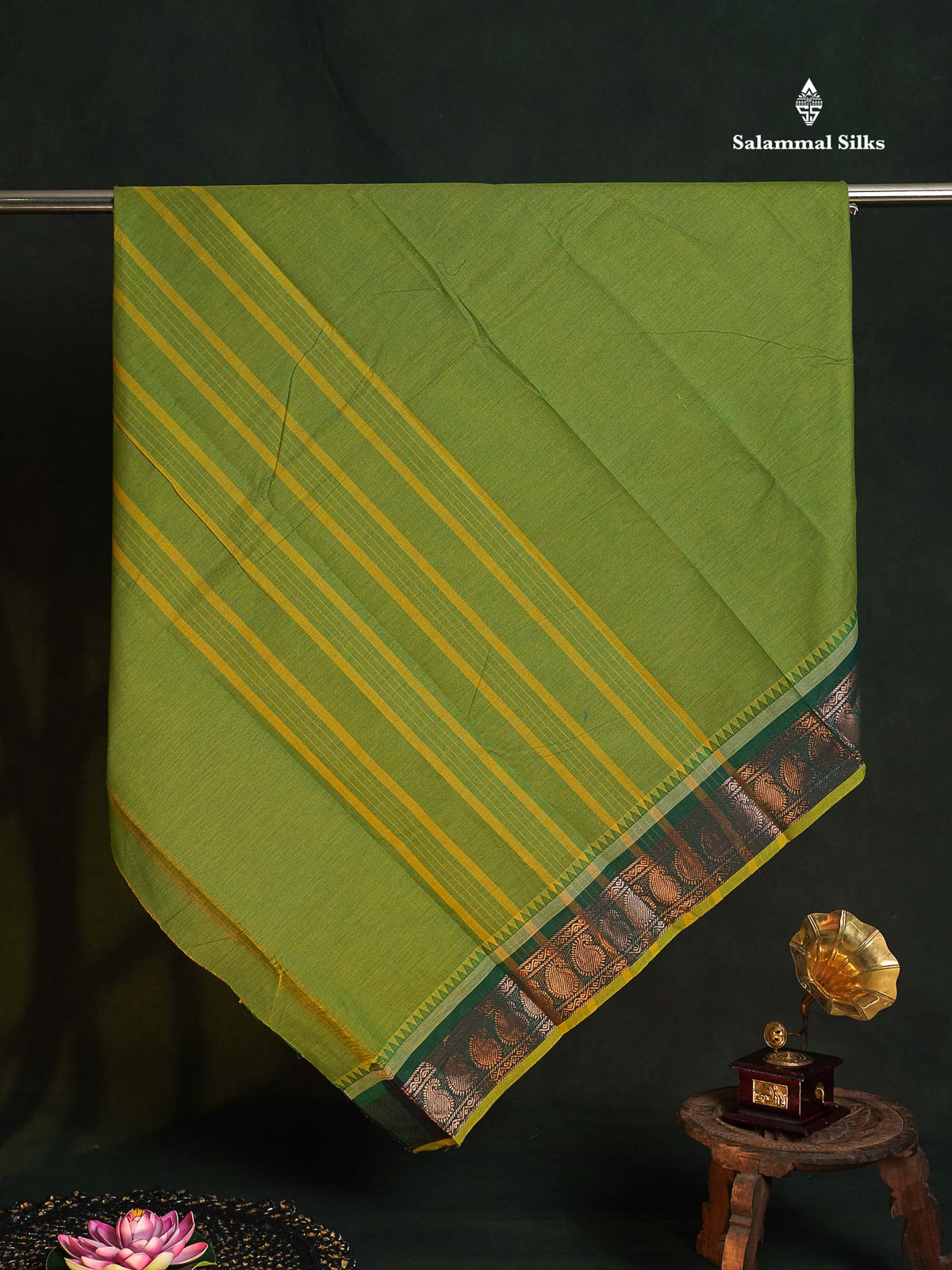 Chettinad Pure Cotton Saree - Navy Blue Colour Body Plain With Bottle Green Border