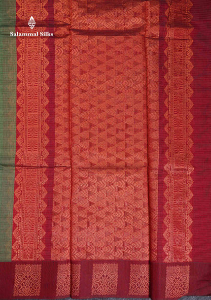 Beautiful Elaichi Green Zari Butta Kota Cotton Saree With Contrast Dark Maroon Fancy Border