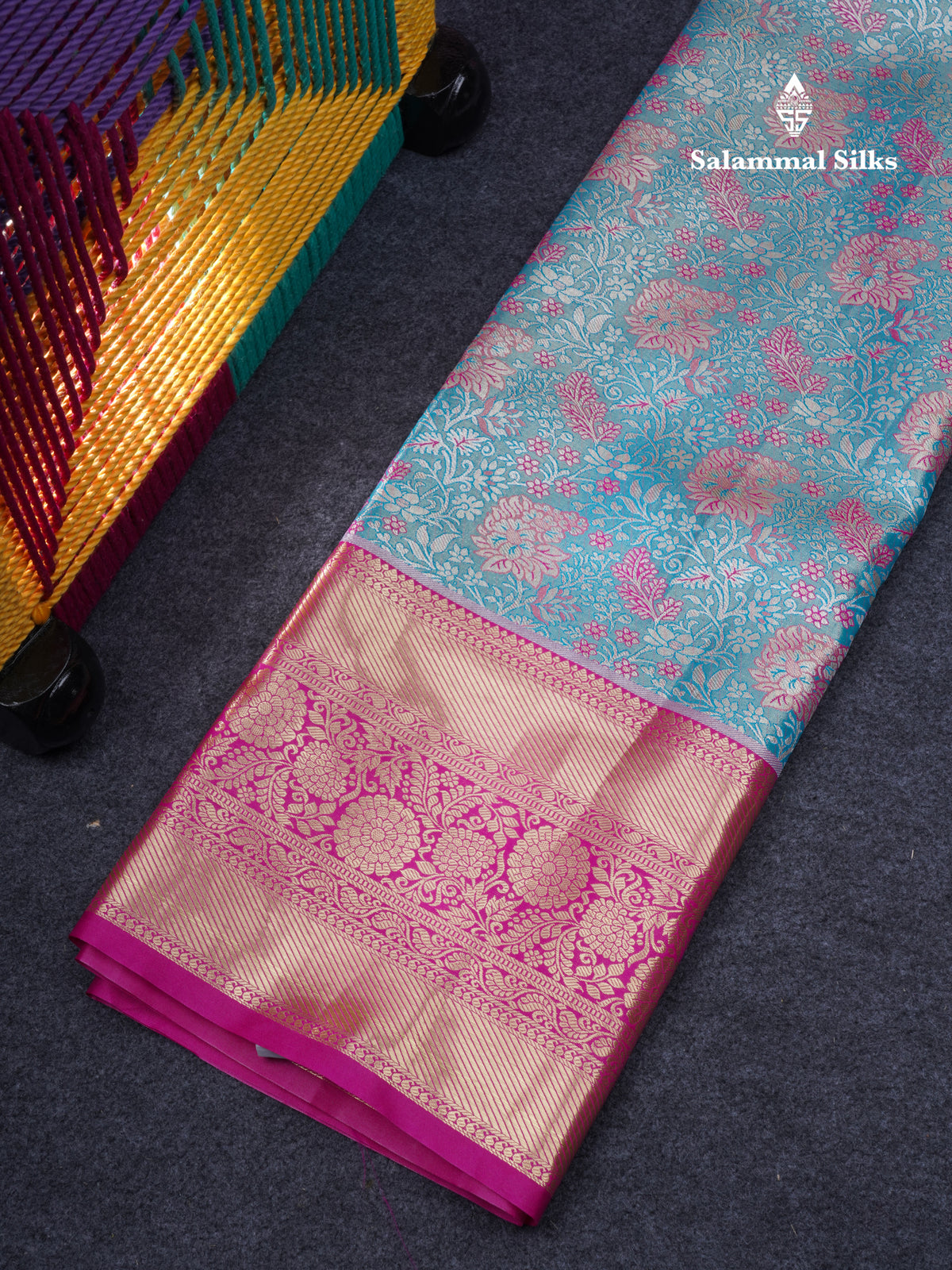 Semi Silk Pattu Pavadai Tissue ( Pastel Blue ) With Contrast Pink Blouse 47"