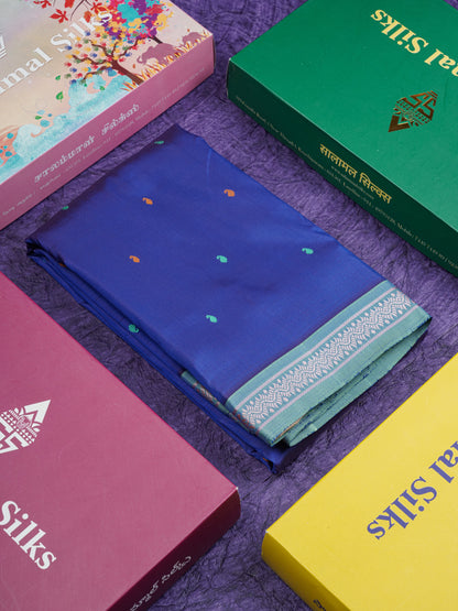 Dual Tone Royal Blue Meenakari Thread Work Butta Pure Kanjivaram Silk Saree With Contrast Moss Green Small Border