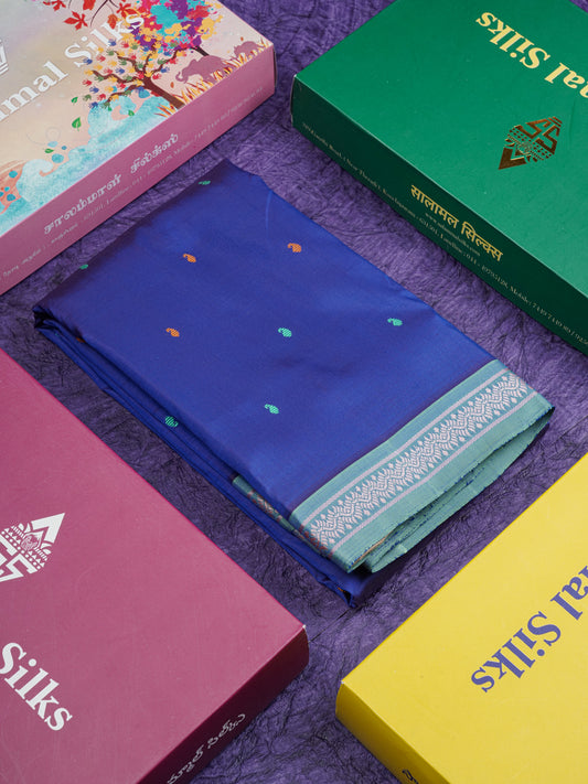 Dual Tone Royal Blue Meenakari Thread Work Butta Pure Kanjivaram Silk Saree With Contrast Moss Green Small Border