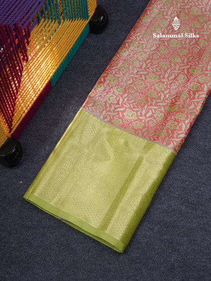 Semi Silk Pattu Pavadai Tissue ( Orange ) With Contrast Parrot Green Blouse 46.5"