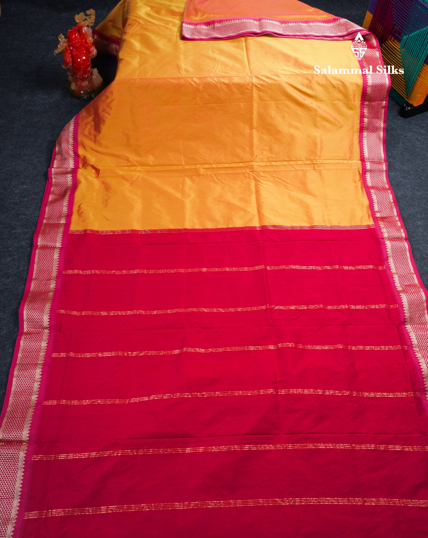 11 Yards Plain Semi Silk Saree Mango Yellow with Contrast Purple Border