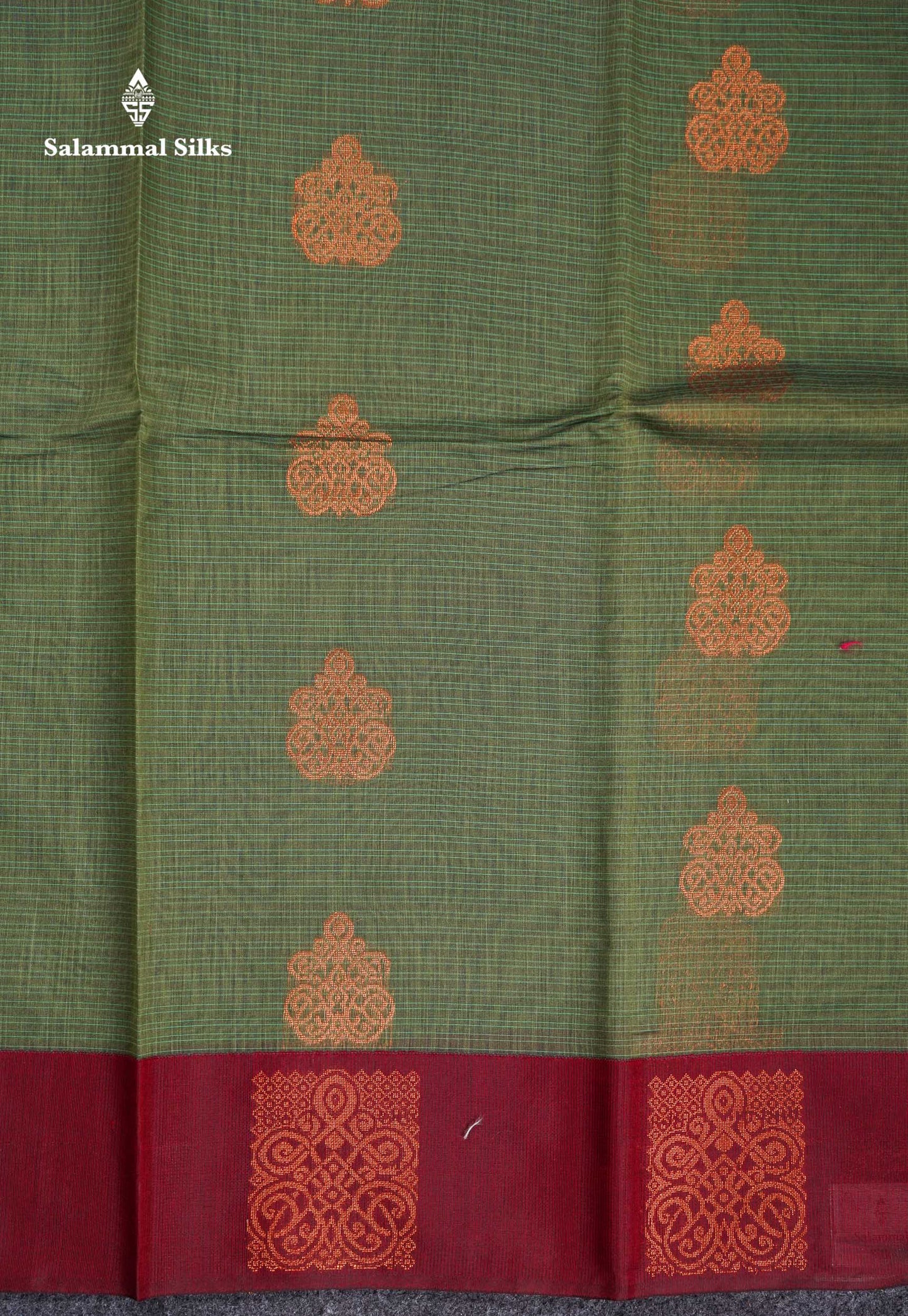 Beautiful Elaichi Green Zari Butta Kota Cotton Saree With Contrast Dark Maroon Fancy Border