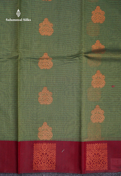 Beautiful Elaichi Green Zari Butta Kota Cotton Saree With Contrast Dark Maroon Fancy Border