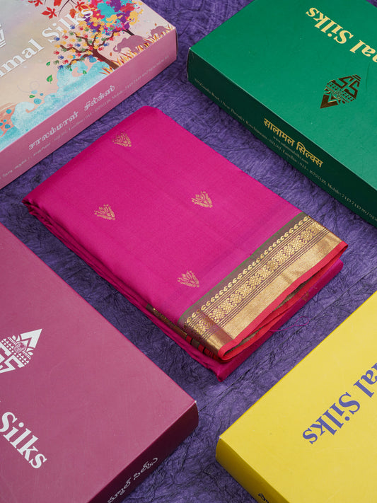 Pink Shade Pure Kanjivaram Silk Saree With Contrast Green Small Traditional Border