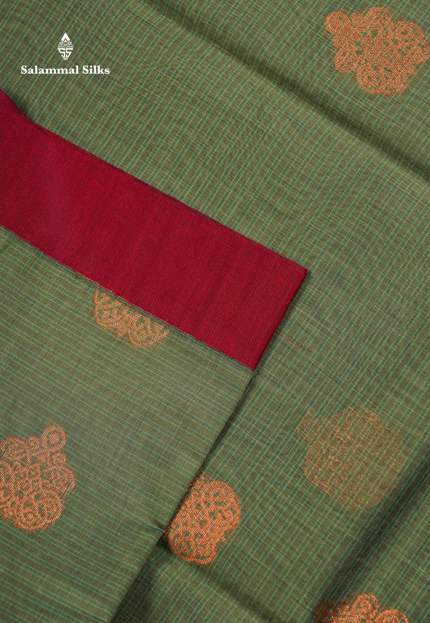 Beautiful Elaichi Green Zari Butta Kota Cotton Saree With Contrast Dark Maroon Fancy Border
