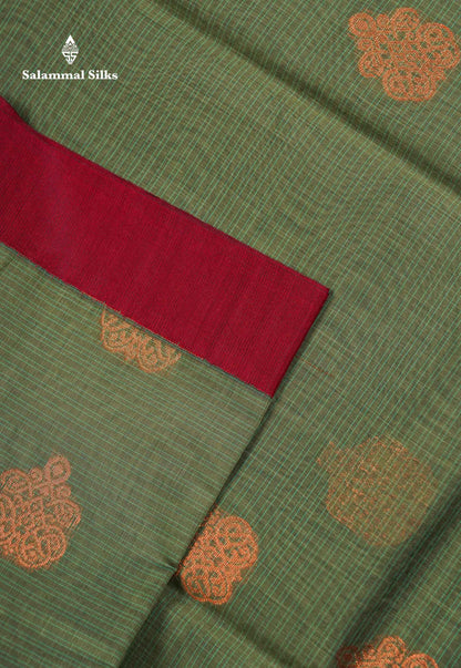 Beautiful Elaichi Green Zari Butta Kota Cotton Saree With Contrast Dark Maroon Fancy Border