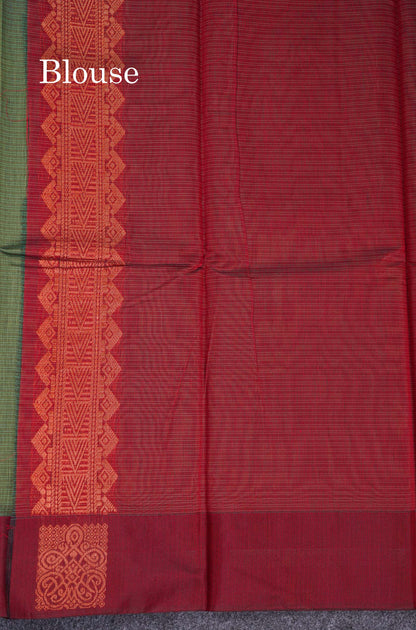 Beautiful Elaichi Green Zari Butta Kota Cotton Saree With Contrast Dark Maroon Fancy Border