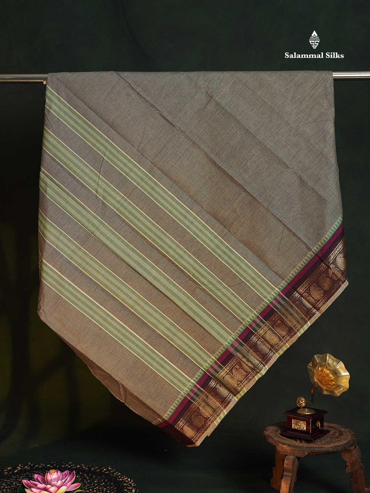 Chettinad Pure Cotton Saree - Navy Blue Colour Body Plain With Bottle Green Border