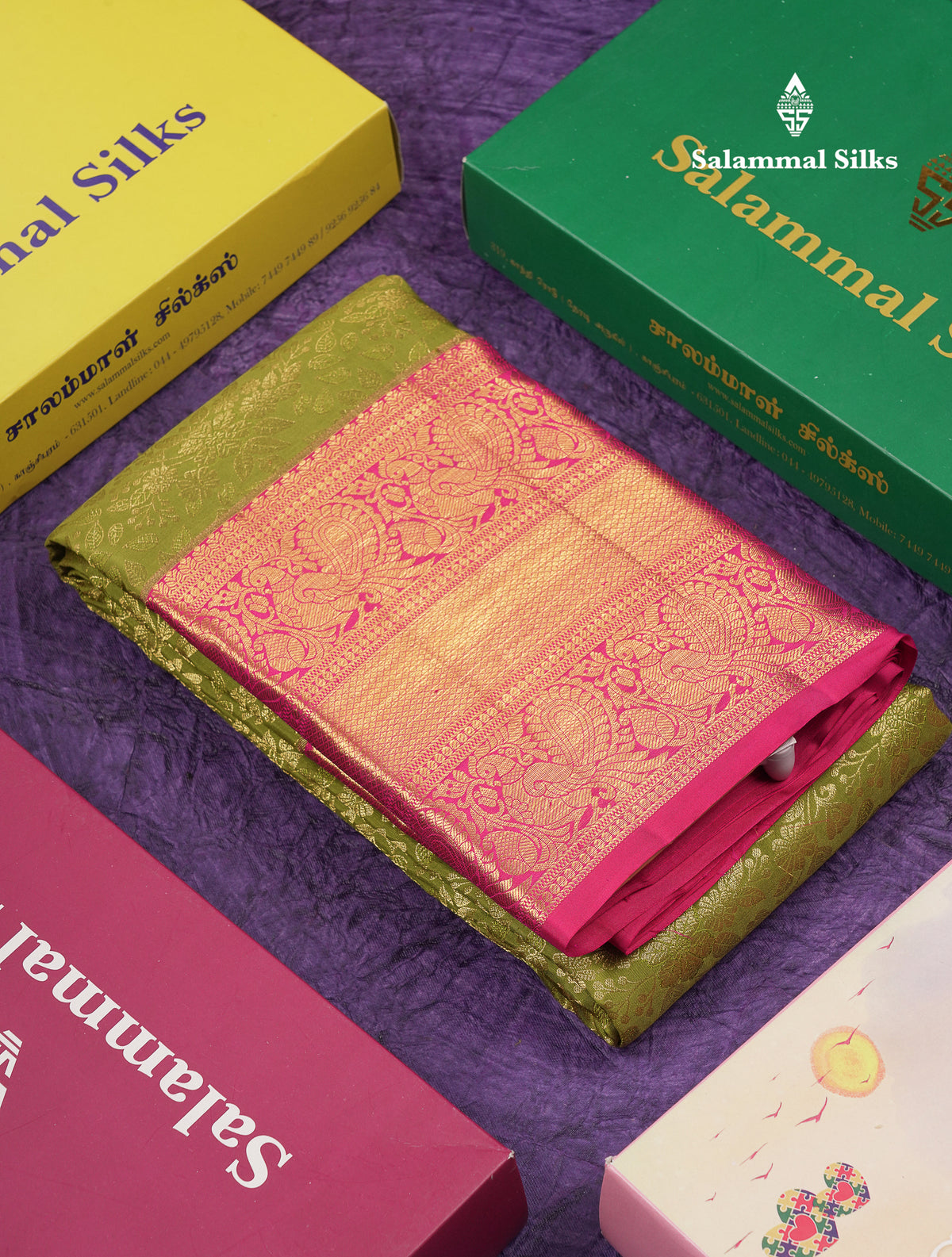 Beautiful Olive Green Bridal Pure Kanjivaram Silk Saree With Contrast Rani Pink Traditional Evening Morning Border