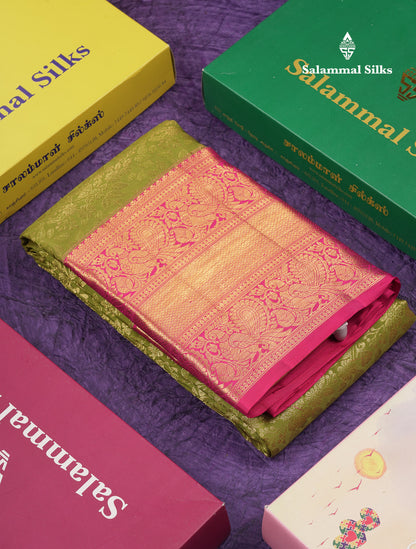 Beautiful Olive Green Bridal Pure Kanjivaram Silk Saree With Contrast Rani Pink Traditional Evening Morning Border