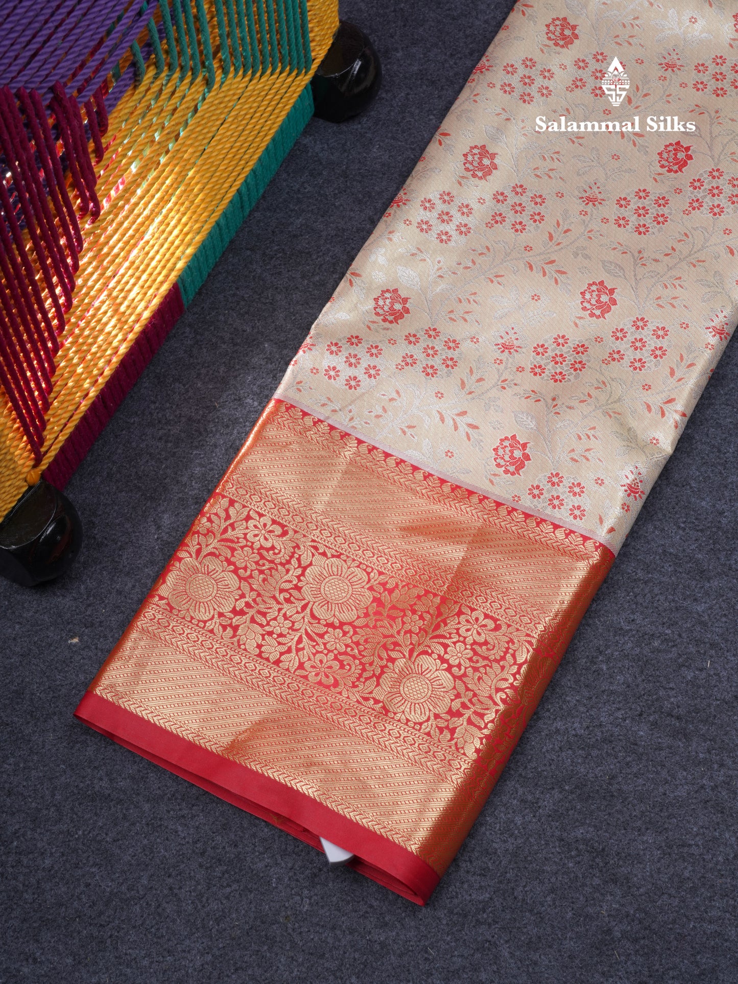 Semi Silk Pattu Pavadai Tissue ( Beige ) With Contrast Chilly Red Blouse 46"