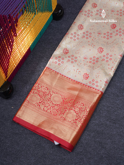 Semi Silk Pattu Pavadai Tissue ( Beige ) With Contrast Chilly Red Blouse 46"
